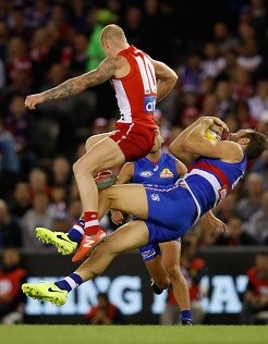 AFL 2017 Round 02 - Photographers Choice Travis Cloke of the Bulldogs and Zak Jones of the Swans collide during the Round 2 match between the Western Bulldogs and the Sydney Swans.